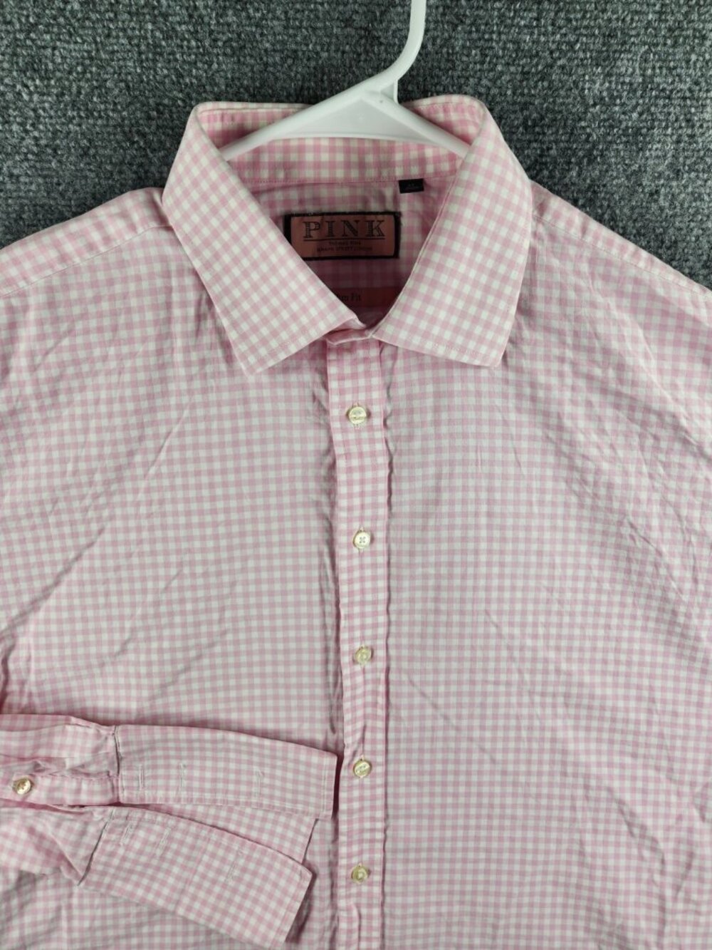 Thomas Pink Slim Fit Mens 17 Pink Checkered Long Sleeve Button Up French Cuff